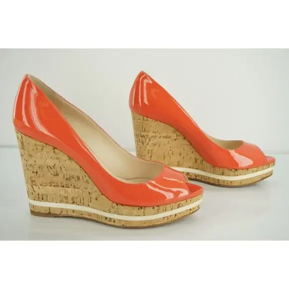 Prada Pink Patent Platform Wedge Heel Espadrille Peep Pumps - Picture 11 of 12